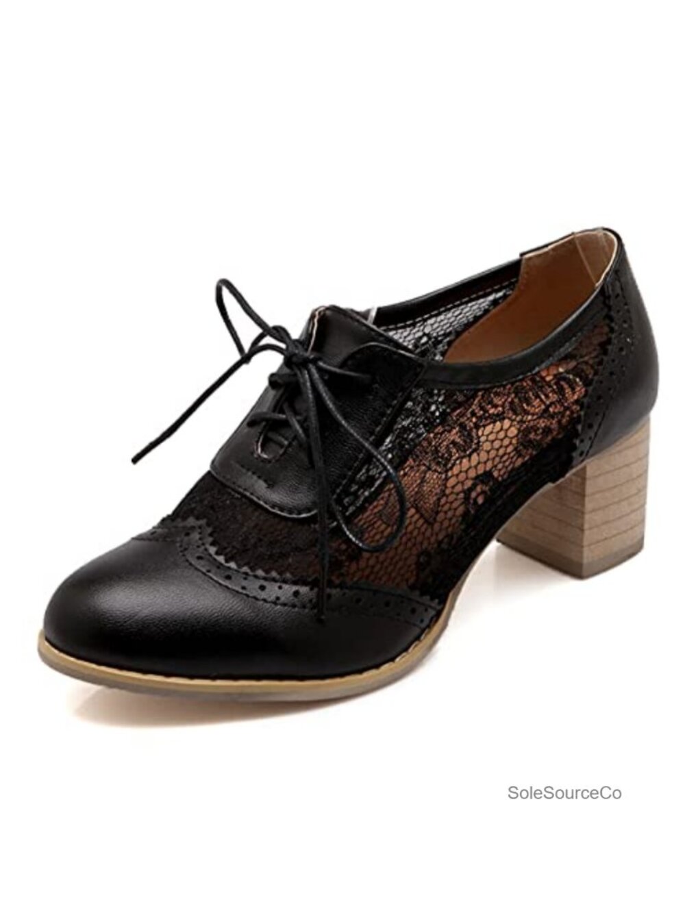 Lace Mesh Chunky Heel Wingtip Oxfords Round Toe Lace-Up Pumps